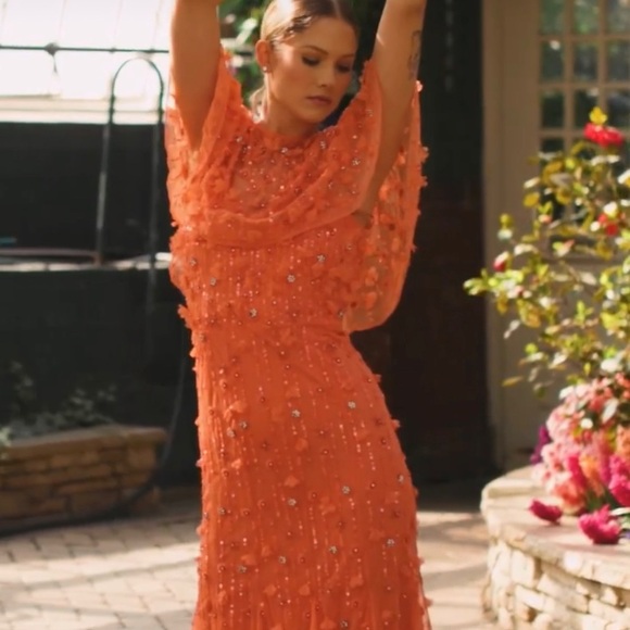 NEW Mac Duggal Beaded Floral Illusion Short Cape Sleeve Sheath Gown Coral 14 - Picture 3 of 9